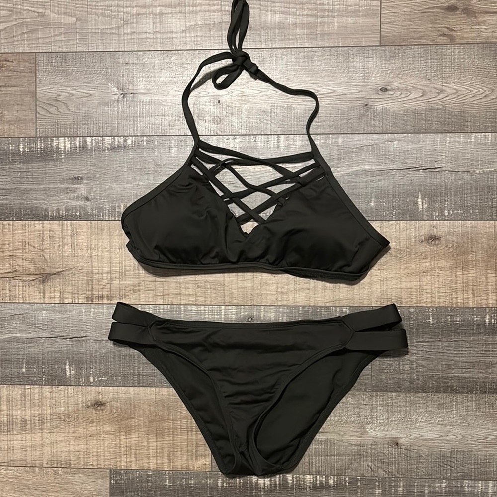 Dark Green Strappy Bikini Set